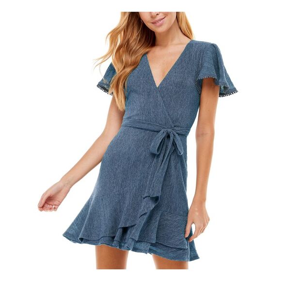 CITY STUDIO Dresses & Skirts - CITY STUDIO Womens Short Dress Blue Back Belted Pom-pom Trim Juniors 11